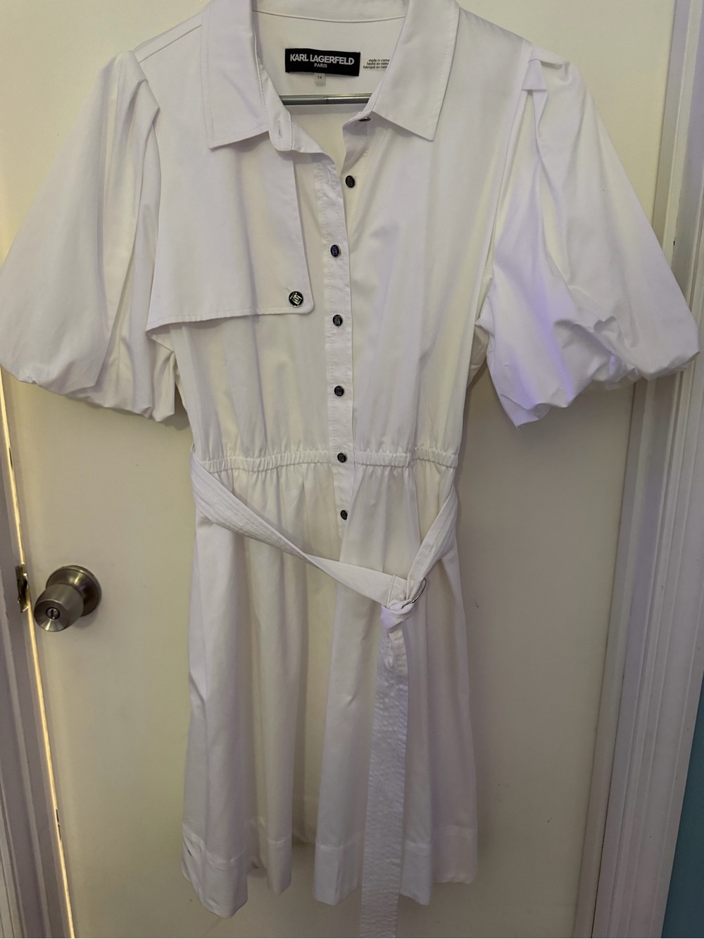 Karl Lagerfeld White Button-Front Puff Sleeve Shirt Dress with Self-Tie Waist